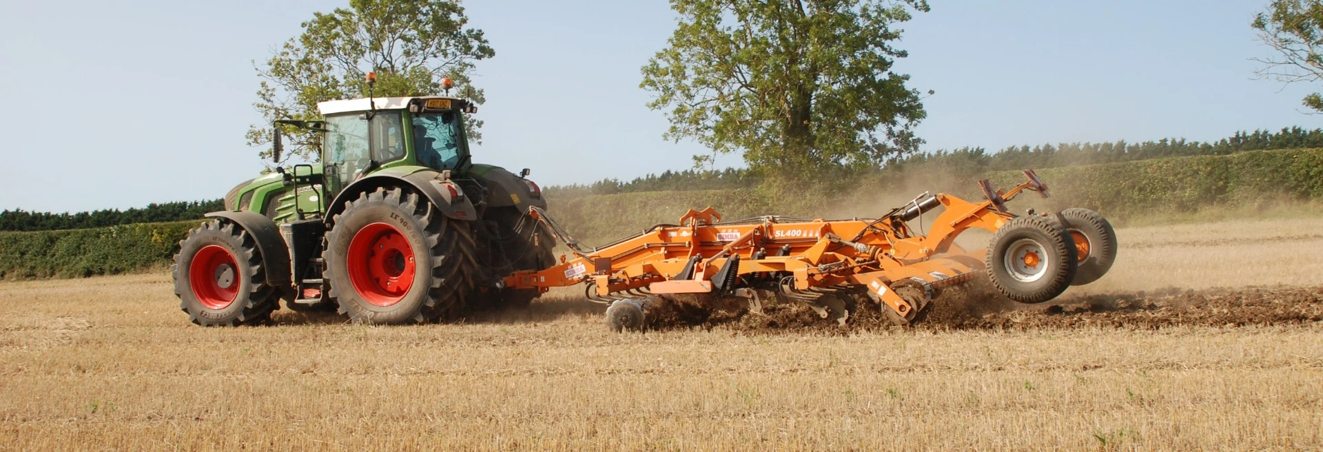 SImba SL400 primary cultivator in operation on stubble on a UK farm in summer.