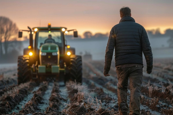 A tractor and farmer working on the farm